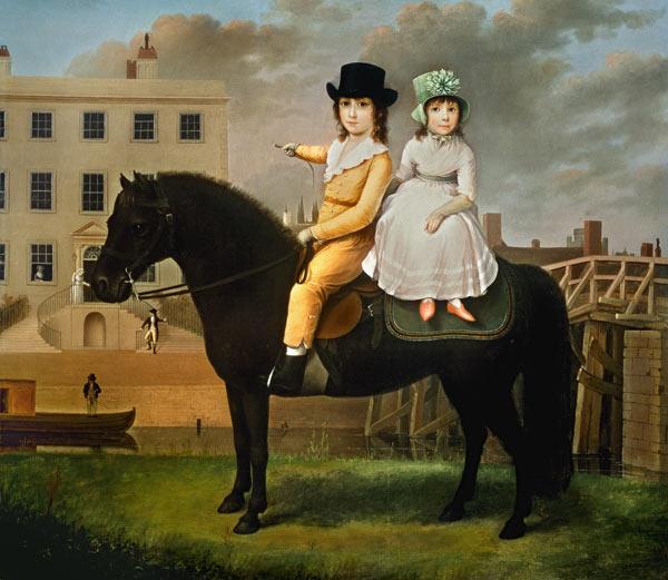 Two Children Seated On A Black Pony