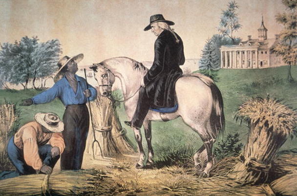 George Washington (1732-99) on his Mount Vernon estate with his black field workers in 1757, publish od Nathaniel Currier