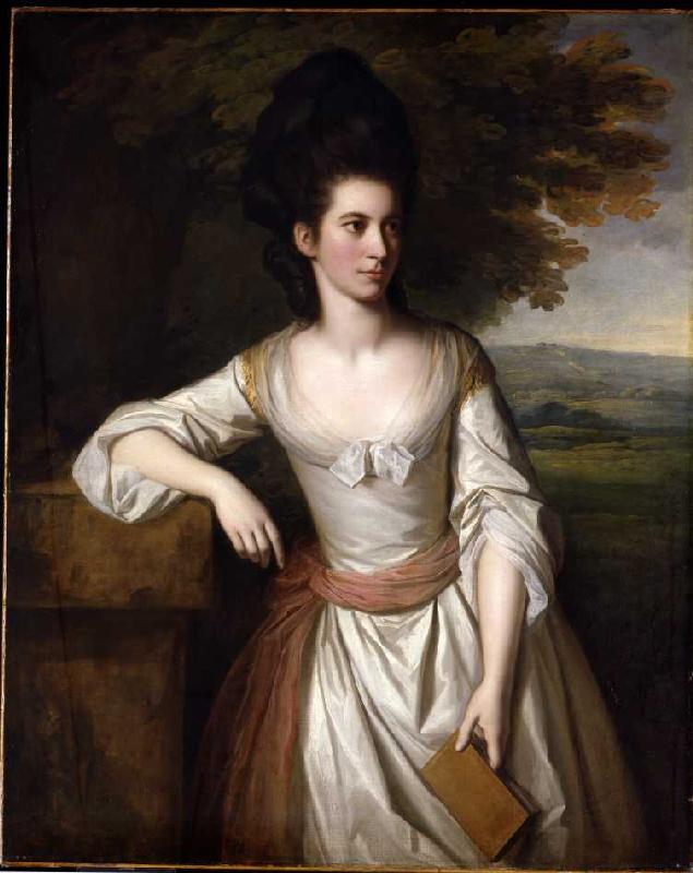 Mrs. Vere in einem weißen Kleid mit pinker Schleife, ein Buch in ihrer Linken haltend, eine Landscha od Nathaniel Dance