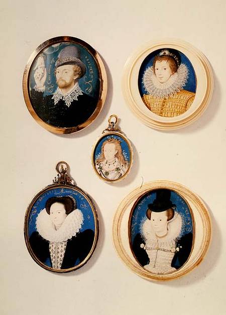 Miniatures, from L to R, T to B: Man with a Hand from a cloud; Unknown Young Man, 1588; Mrs Holland od Nicholas Hilliard