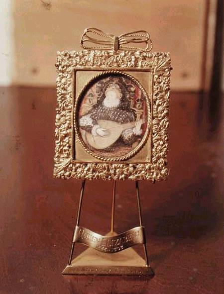Queen Elizabeth I playing the lute (miniature including brass stand) od Nicholas Hilliard