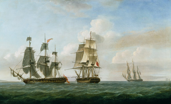 The Spanish frigate 'La Fama' having outsailed the 'Medusa' engages with and surrenders to H.M.S. 'L od Nicholas Pocock