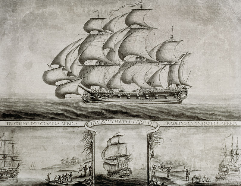 View of the Southwell Frigate Trading on the Coast of Africa, c.1760 (pen & ink and wash) od Nicholas Pocock
