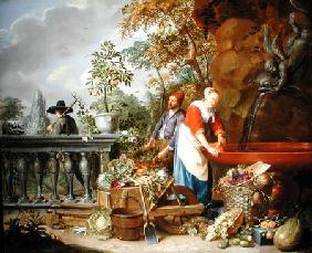 A Maid Washing Carrots at a Fountain with Two Gardeners at Work