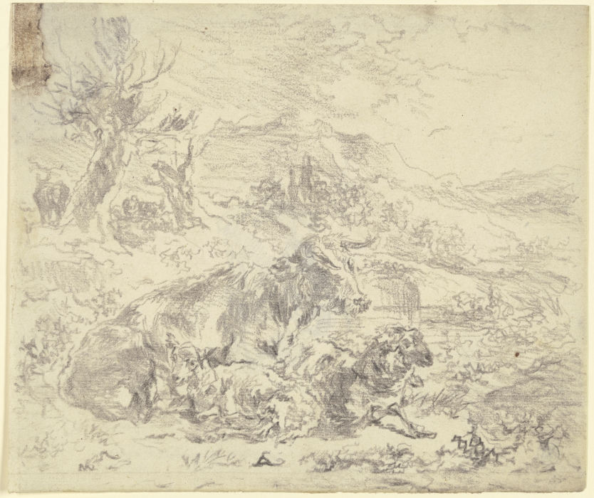 Eine Kuh, eine Ziege und ein Schaf beieinander in einer bergigen Landschaft liegend od Nicolaes Berchem