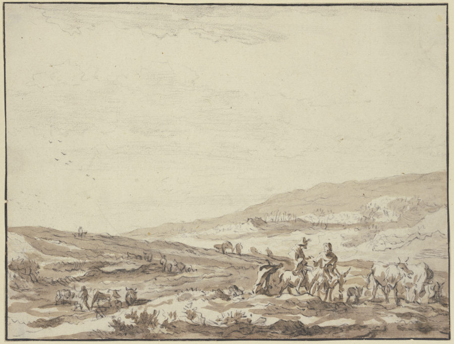 Hügelige Gegend, rechts Hirte und Hirtin auf Eseln reitend mit Vieh od Nicolaes Berchem