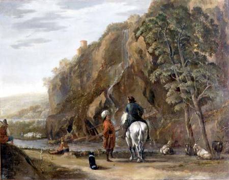 Italianate landscape with figures and a horse on a road od Nicolaes Berchem