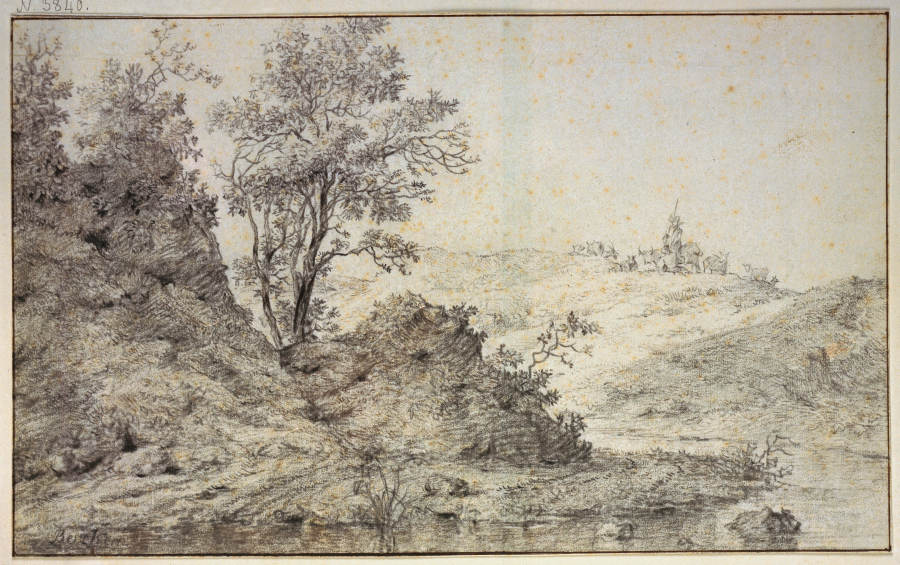 Landschaft mit Wasser, auf dem Hügel Hirte und Hirtin mit Vieh od Nicolaes Berchem