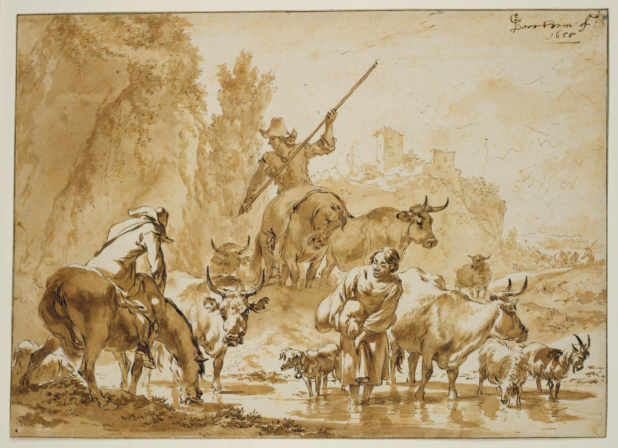 Zwei Hirten zu Pferde treiben Vieh durchs Wasser, die Hirtin mit einem Sack wartet hindurch od Nicolaes Berchem