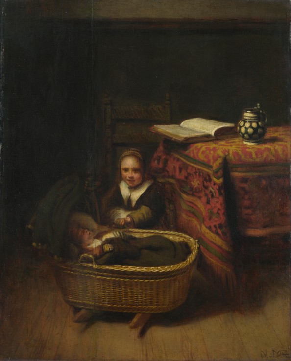 A Little Girl rocking a Cradle od Nicolaes Maes