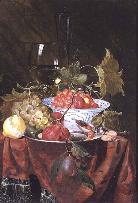 Still life with wild strawberries, plums, grapes and a lemon on a draped ledge od Nicolaes Van Gelder