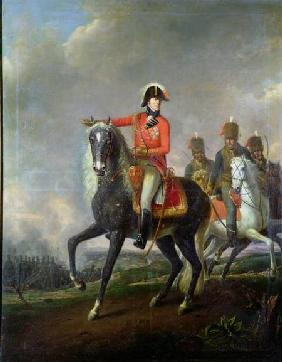 Equestrian portrait of the Duke of Wellington with British Hussars on a battlefield