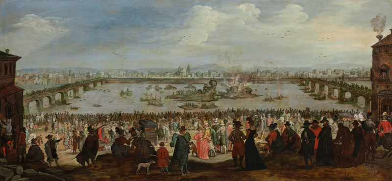 The Mock Battle between the Weavers and the Dyers Guilds on the Arno in Florence on 25 July 1619 od Niederländischer Meister um 1619