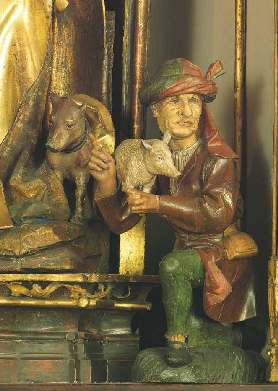 Isenheimer Altar, Detail: Mann mit Schwein (zu Füßen des Hl. Augustinus). od Niklaus von Hagenau