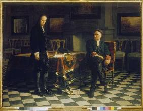 Peter I. interrogates the tsarevitch Alexei Petrowitsch in Peterhof