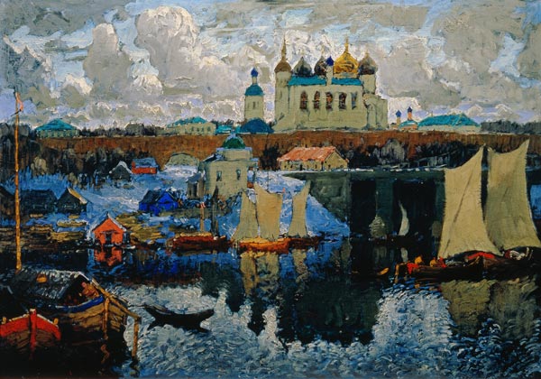 Am Pier in Novgorod od Nikolai P. Bogdanow-Bjelski