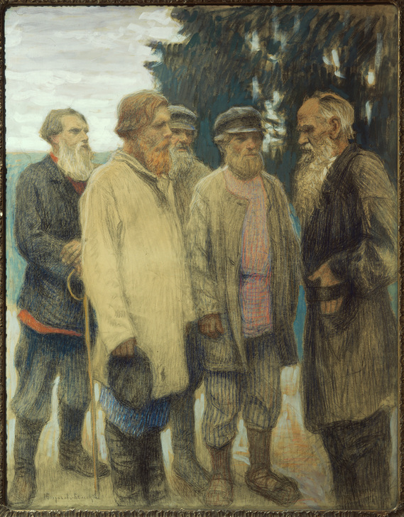 Der Schrifsteller Leo Tolstoj mit Bauern. od Nikolai P. Bogdanow-Bjelski