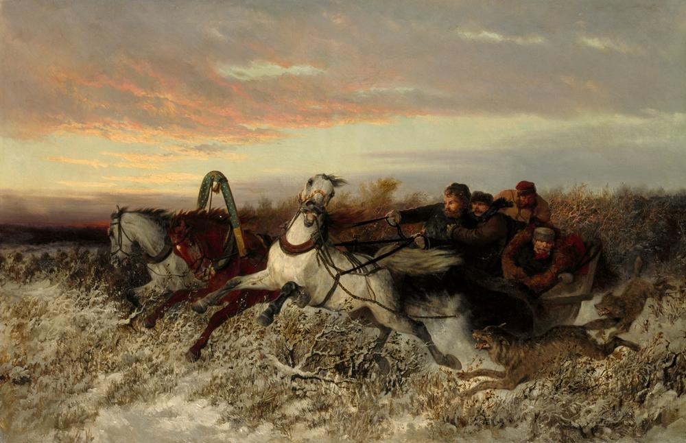 Sleigh ride, followed by wolves od Nikolai Jegorjewitsch Swertschkow