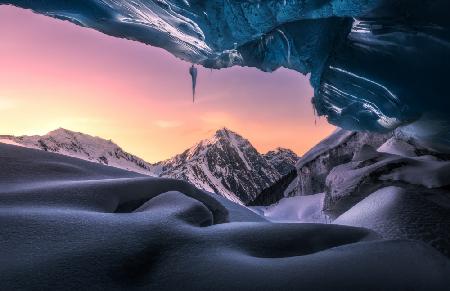 Ice cave at the sunset