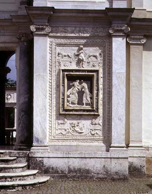 The first courtyard, detail of an antique low relief from the collection of Giulio III, incorporated od 