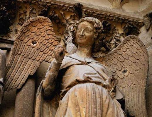 Detail of one of St. Nicaise's angels, Sculpture from exterior west facade, 14th century (stone) (se od 
