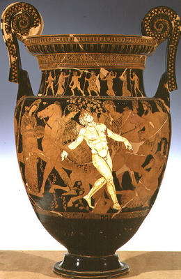 Red and white figure volute krater depicting the death of Talos, the bronze giant who guarded the Cr od 