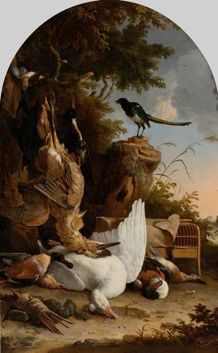 A Hunter’s Bag near a Tree Stump with a Magpie, Known as ‘The Contemplative Magpie’ od 