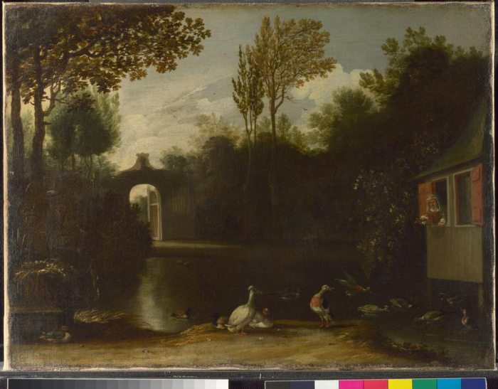 A woman appears to throw food to feed assorted waterfowl in a garden scene. od 