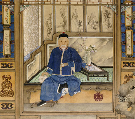 A Bearded Old Gentleman Wearing Blue Winter Clothes, Seated On A Day Bed Holding A Snuff Bottle And od 