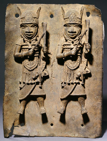 A Benin Bronze Plaque With Two Relief Figures, C od 
