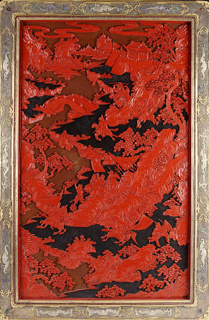 A Filigree Framed Red Lacquer Panel Depicting Warriors On Horseback And Mythical Animals In A Landca od 