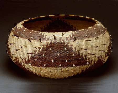 A Fine And Large Pomo Gift Basket Of Willow, Redbud And Sedge Root With Attached Quail Feathers And od 