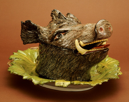 A German Faience Boar''s Head Tureen Cover And Stand, Probably Strasbourg, Circa 1750 od 