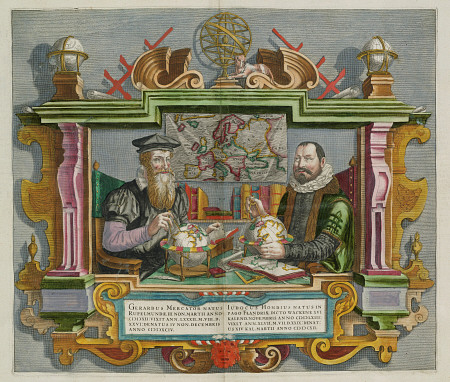A Hand Coloured Engraving Of Cartographers Gerard Mercator (1512-1594) And Jodocus Hondius (1563-161 od 