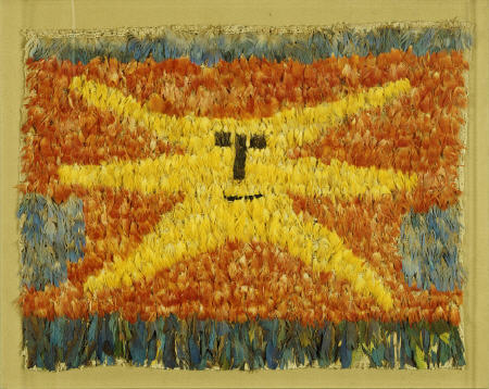 A Huari Feathered Panel Sewn All Over With Feathers On A Cotton Ground With A Yellow Sunburst Face W od 
