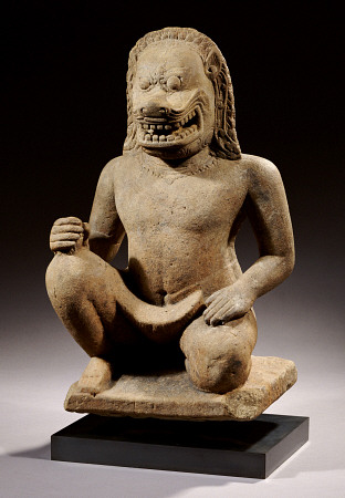 A Khmer, Angkor Vat Style, Sandstone Figure Of A Lion-Headed Guardian, 12th Century, 55 cm high od 