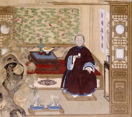 A Lady In Dark Red, Seated On A Day Bed Holding A Blue And White Cup od 