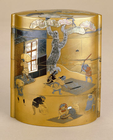 A Large Three Case Inro Inlaid With Mother Of Pearl And Lead Depicting Farmers In Rice Fields And Th od 