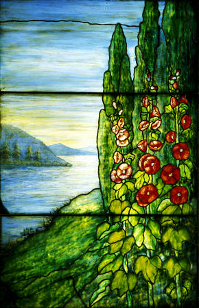 A Mountainous Lake Scene With Red Blossoming Hollyhocks And Arbor Vitae Painted And Leaded Glass Lan od 