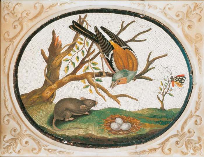 An oval-shaped medallion with a mosaic representing a bird on the branch of a tree, a mouse, a meado od 