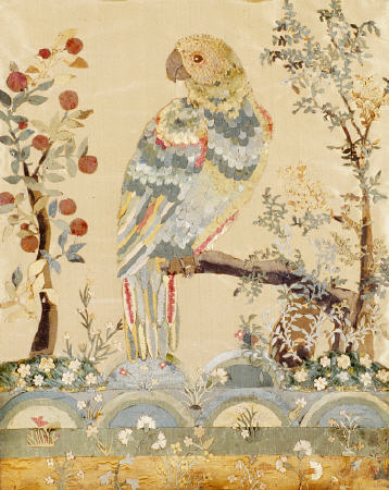 An Applique Picture Of A Parrot Perched In An Acacia Tree Above Hillocks With An Orange Tree To The od 