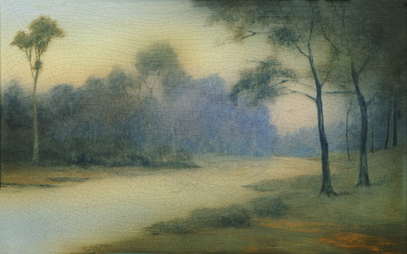 An Earthenware Scenic Plaque By Rookwood, Depicting A View Of A River And Wooded Banks,  Decorated B od 