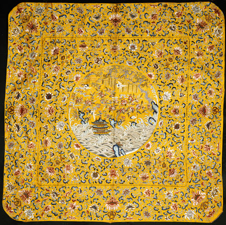 An Imperial Throne Cover Of Golden Yellow Silk Satin Densely Embroidered In Coloured Silks, od 