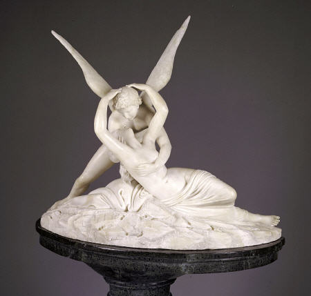 An Italian Alabaster Group Entitled Cupid And Psyche, On Marble Pedestal After Antonio Canova (1757- od 