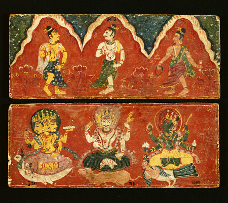 A Pair Of Nepalese Polychrome Wooden Manuscript Covers The Upper Cover Painted With Three Standing D od 