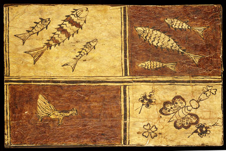 A Rare Melanesian Painted Bark Cloth Decorated With A Fowl, Exotic Butterflies And Fishes On Reddish od 