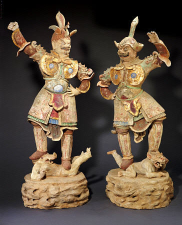 A Rare Pair Of Massive Painted Pottery Lokapala Guardians Both Standing On  A Recumbent Demons od 