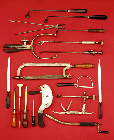 A Selection Of Medical Equipment Including Knives, Saws, Bullet Extractors,  Cauterisers, Lithotrite od 