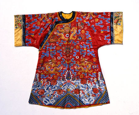 A Semi Formal Robe Of Red Satin Embroidered In Silks And Gilt Thread With Dragons Amidst Scrolling C od 
