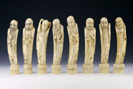 A Set Of Eight Ivory Figures Of Luohans od 